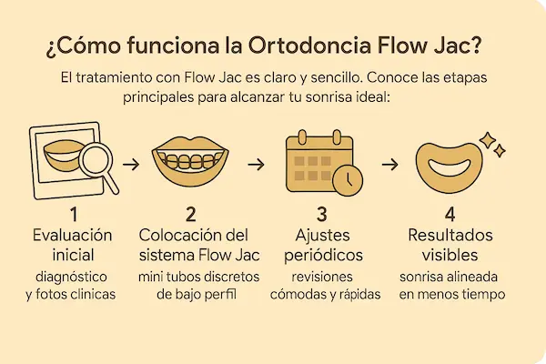 como-funciona-ortodoncia-flow-jac-bogota.png Infografía sobre cómo funciona la ortodoncia Flow Jac: evaluación inicial, colocación del sistema con mini tubos discretos, ajustes periódicos y resultados visibles en menos tiempo en Bogotá.